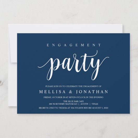 Modernes Rustikales, Navy Blue Script, Engagement Einladung (Vorderseite)