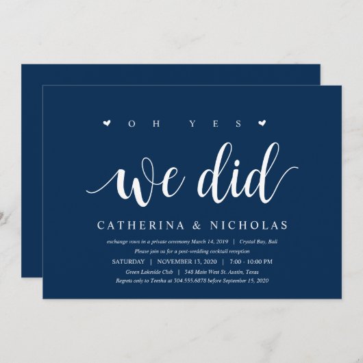 Modernes, rustikales, navy Blue Script, Hochzeitsf Einladung (Vorne/Hinten)