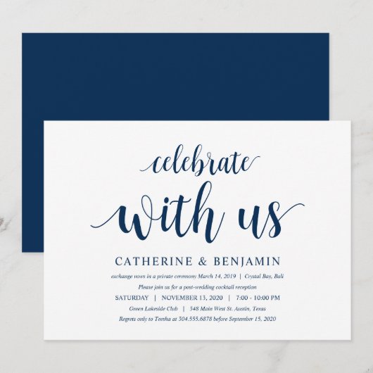 Modernes, rustikales, navy Blue Script, Hochzeitsf Einladung (Vorne/Hinten)