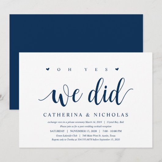 Modernes, rustikales, navy Blue Script, Hochzeitsf Einladung (Vorne/Hinten)
