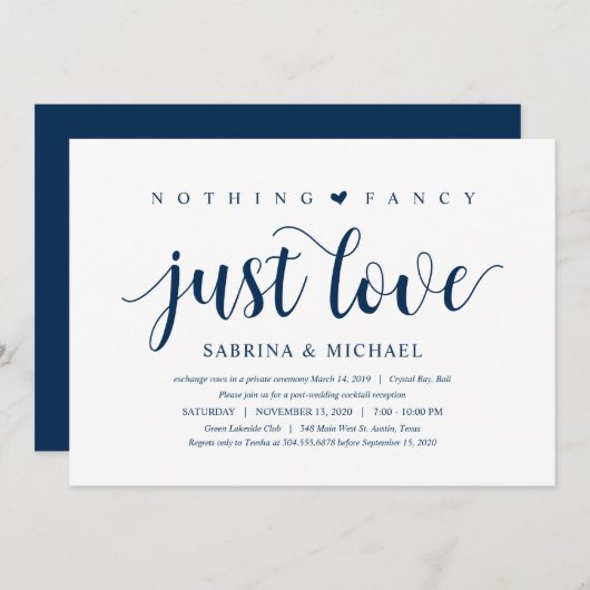 Modernes, rustikales, navy Blue Script, Hochzeitsf Einladung (Vorne/Hinten)