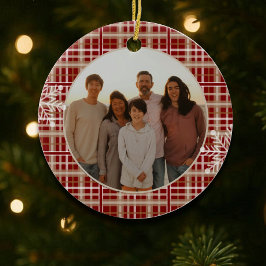 Modernes Rustikales Red Tan Kariert Snowflake Foto Keramik Ornament