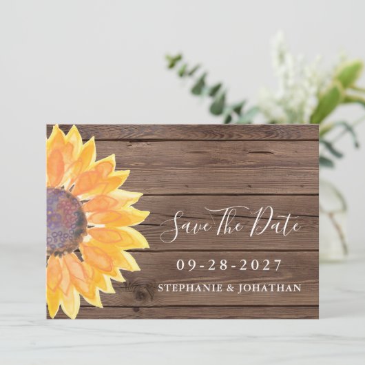 Modernes rustikales Sonnenblumenholz Save the Date (Stehend Vorderseite)