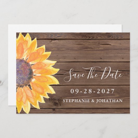 Modernes rustikales Sonnenblumenholz Save the Date (Vorne/Hinten)