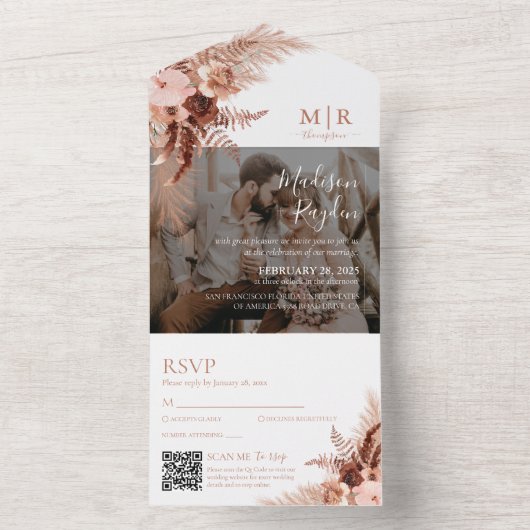 Modernes Rustikales Terracotta Foto QR Code Weddin All In One Einladung (Innen Boden)