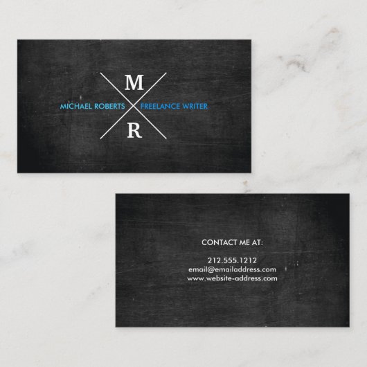 MODERNES RUSTISCHES MONOGRAMM Blauer Text & Schwar Visitenkarte (Vorne/Hinten)