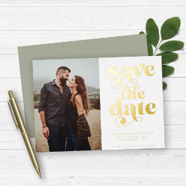 Modernes Sage Gold Foil Foto Save the Date Folieneinladung