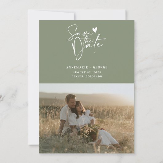 Modernes Sage Green Calligraphy Script-Foto Save The Date (Vorderseite)