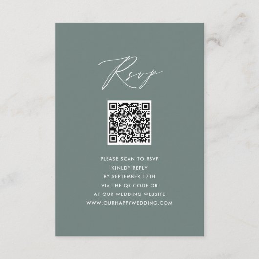 Modernes Sage Green Elegante Script QR Wedding RSV Begleitkarte (Vorderseite)