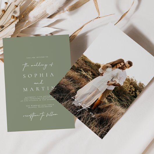 Modernes Sage Green Foto Hochzeitseinladung Einladung