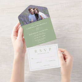 Modernes Sage Green Foto Wedding RSVP All In One Einladung