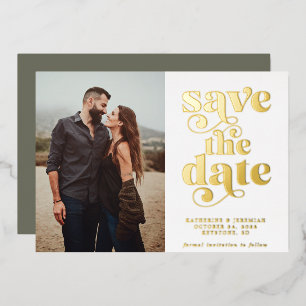 Modernes Sage Green Gold Foil Foto Save the Date Folieneinladung