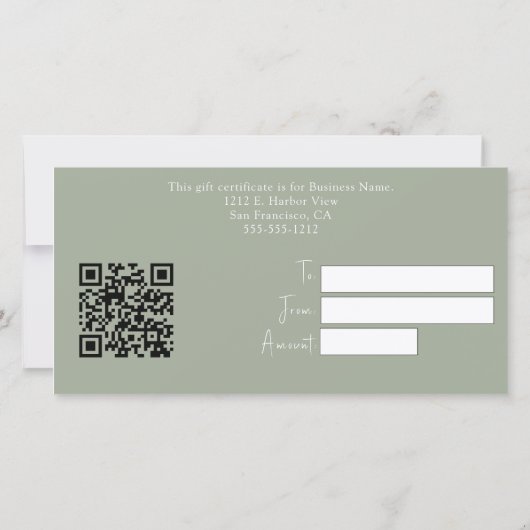 Modernes Sage Green mit QR Code Geschenkgutschein (Rückseite)