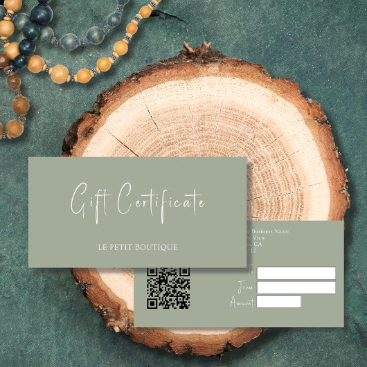 Modernes Sage Green mit QR Code Geschenkgutschein