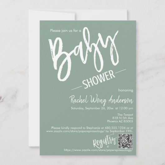 Modernes Sage Green Script Baby Dusche QR Code Fot Einladung (Vorderseite)