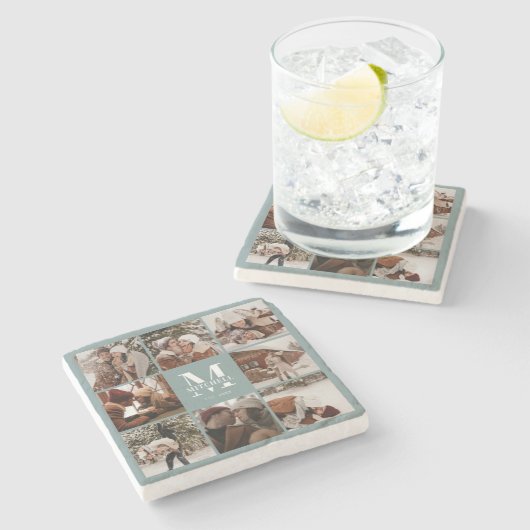 Modernes Sage Monogram, Anfangsname und Foto Steinuntersetzer (Seitenansicht)