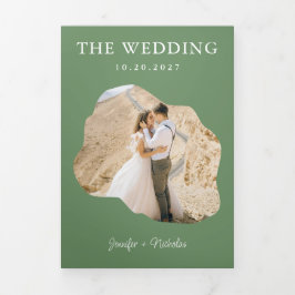 Modernes Sage Wedding RSVP Details QR Code Foto Dreifach Gefaltete Einladung