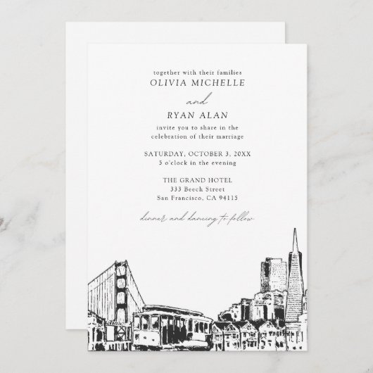 Modernes San Francisco Wedding Skyline Black & Whi Einladung (Vorne/Hinten)
