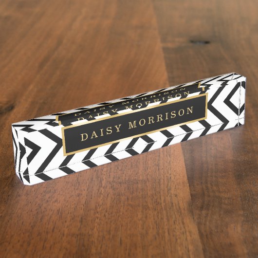 Modernes Sassy GoldSchwarz-weißes Streifen-Muster Namensplakette (Seite)