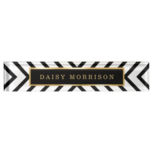 Modernes Sassy GoldSchwarz-weißes Streifen-Muster Namensplakette (Vorderseite)