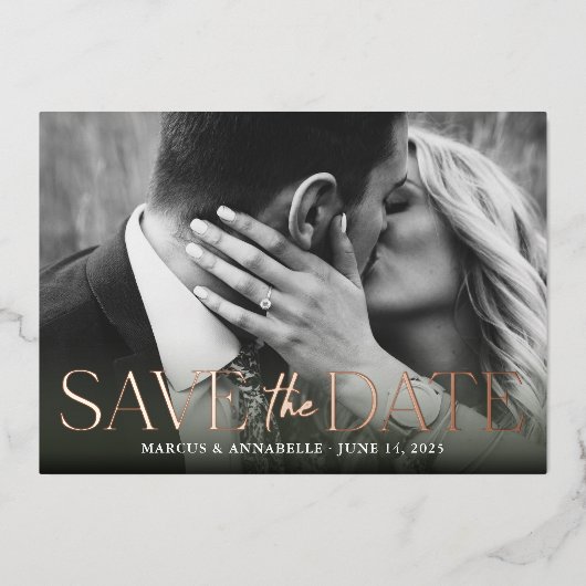 Modernes Save the Date Blush/Rose Gold Folieneinladung (Vorderseite)