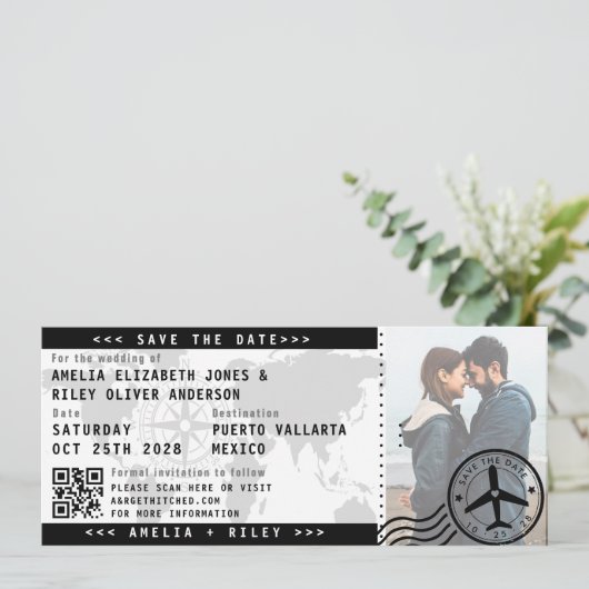 Modernes Save the Date Boarding Ticket Foto Einladung (Stehend Vorderseite)