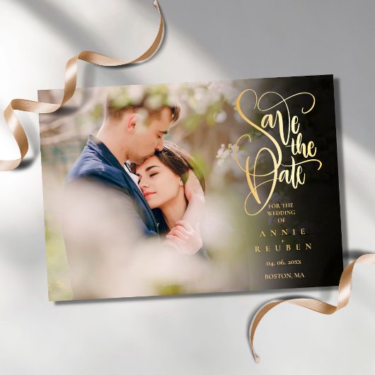 Modernes Save the Date elegantes Gold Script-Foto Magneteinladung