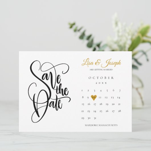 Modernes Save the Date Kalender Gold Liebe Herzstü (Stehend Vorderseite)