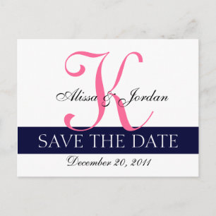 Modernes Save the Date Marine-Blau-Rosa-Monogramm Ankündigungspostkarte