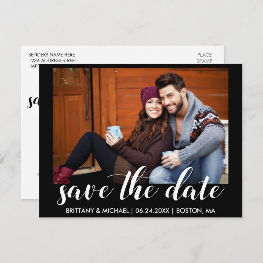 Modernes Save the Date Verlobung Foto Blk Postkarte (Vorne/Hinten)