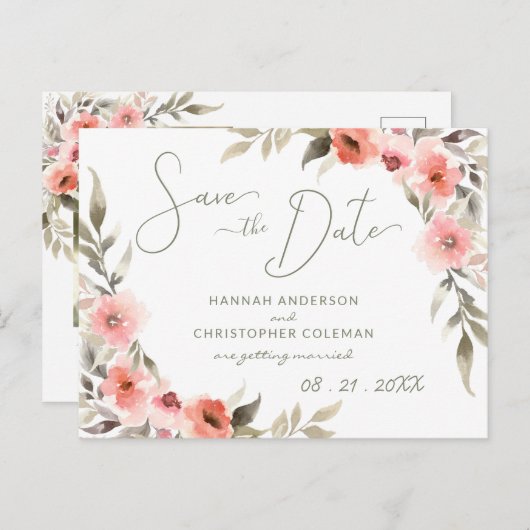Modernes Save the Date Wasserfarbenfrohe Rose Krau Postkarte (Vorne/Hinten)