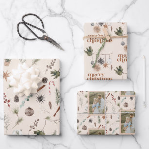 Modernes Scandi Boho Neutral frohe Weihnachts-Foto Geschenkpapier Set
