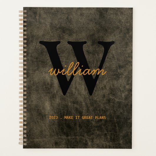 Modernes, schick graues Lederskript schwarz Monogr Planer (Vorderseite)