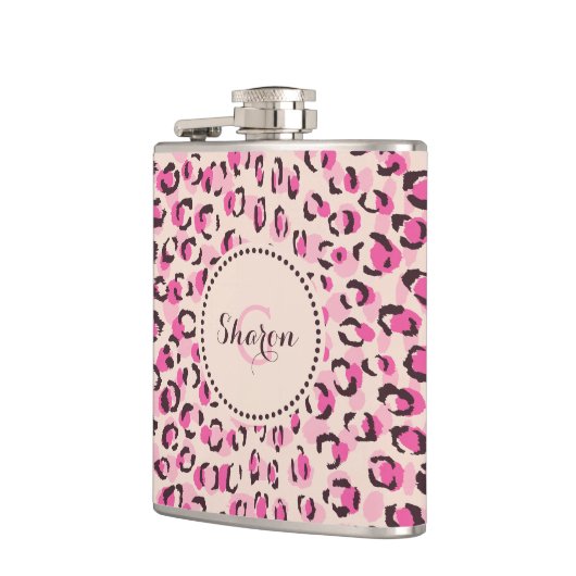 Modernes, schick rosa Geäthermuster-Monogramm Flachmann (Links)