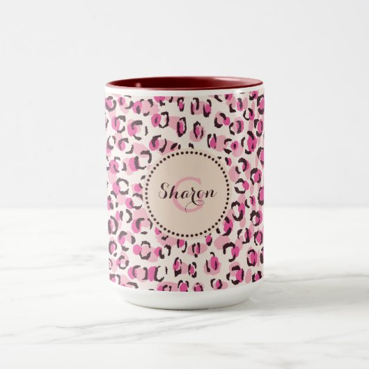 Modernes, schick rosa Geäthermuster-Monogramm Tasse (Zentrum)