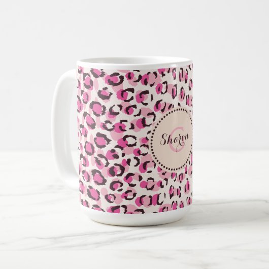 Modernes, schick rosa Geäthermuster-Monogramm Tasse (Vorderseite Links)