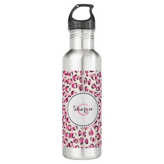 Modernes, schick rosa Geäthermuster-Monogramm Trinkflasche (Vorderseite)