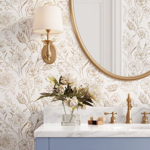 Modernes, schicke Beige Line Art Blumenblättern Mu Tapete