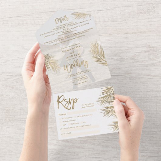 Modernes, schicke Goldpalme tropisches Foto All In One Einladung (Abreißen)