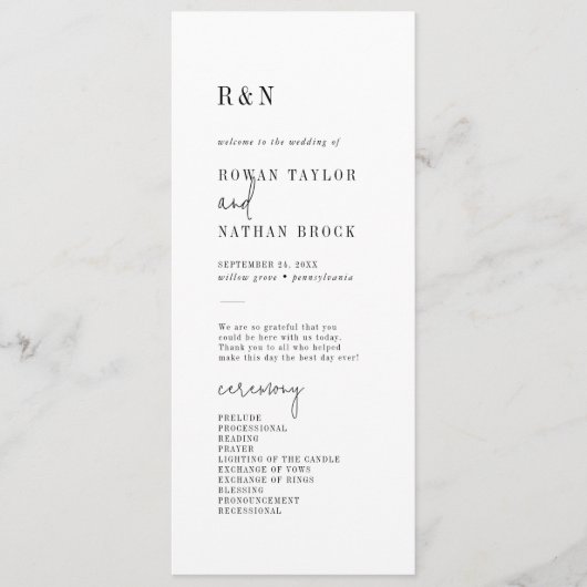 Modernes, schicke Schwarz-Weiß-Flach-Hochzeitsprog Programm (Vorderseite)