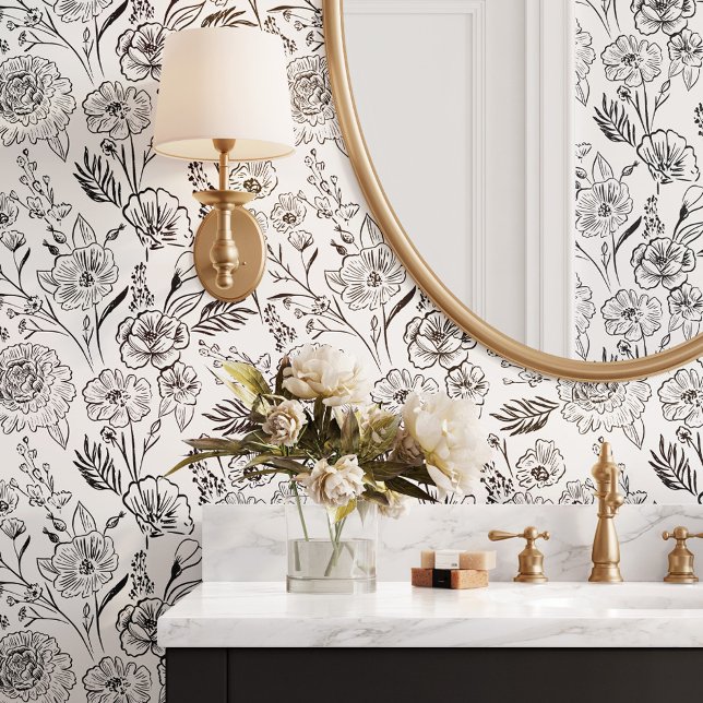 Modernes, schicke Schwarze Linie Art Blumenfoliage Tapete (Modern Chic Black Line Art Floral Foliage Pattern Wallpaper)
