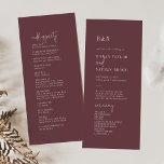 Modernes, schicker Herbst-Burgund-Flat-Hochzeitspr Programm<br><div class="desc">Dieses minimalistisch schicke Herbst burgundy flache Hochzeitsprogramm ist perfekt für eine einfache Hochzeit. Das moody boho Design zeichnet sich durch eine einzigartige und stilvolle böhmische Typografie in einer dunklen Marsala-Maronrot-Farbe aus. Geben Sie den Namen der Braut und des Bräutigams, das Datum und den Ort der Hochzeit, Dankeschön-Nachricht, Dienstordnung, Brautparty und...</div>