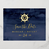 Modernes Schiff Helm Gold Foil Save the Date Folie Einladungspostkarte (Vorderseite)