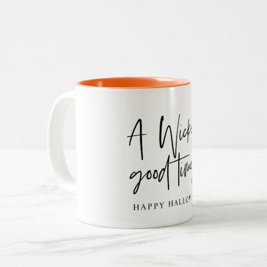 Modernes, schlechtes Zeitangebot | Frohe Halloween Zweifarbige Tasse (Vorderseite Links)