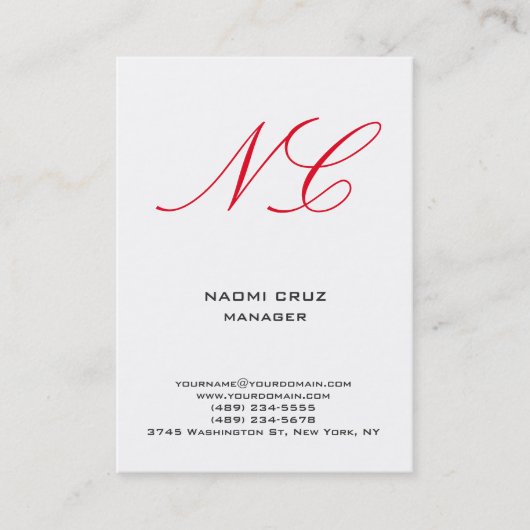 Modernes schlicht-minimalistisches weißes Monogram Visitenkarte (Vorderseite)