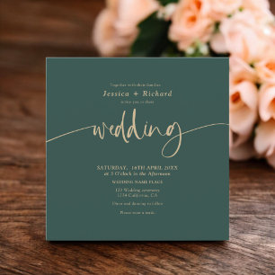 Modernes, schlichtes Goldgrün-Hochzeitsskript Einladung