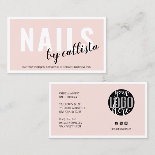 Modernes, schlichtes Rosa Grenz Logo Nail Tech Visitenkarte (Vorne/Hinten)