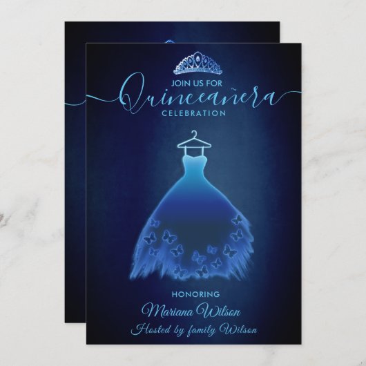 Modernes Schmetterlingskleid für Mitternacht, tiar Einladung (Vorne/Hinten)