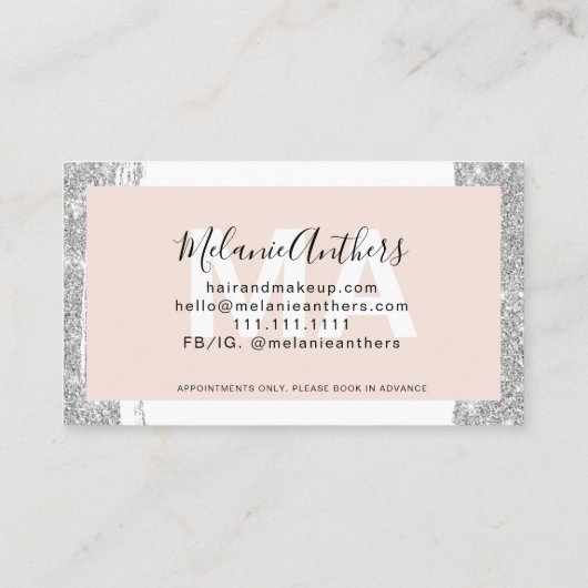 Modernes Schminkhaar silber Glitzer Pinsel rosa Ra Visitenkarte (Rückseite)