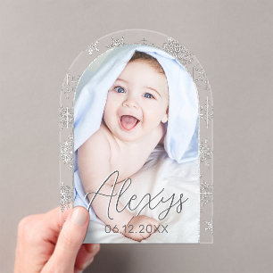 Modernes Schneeflocken Wintergeburtsankündigung Fo Acryleinladungen